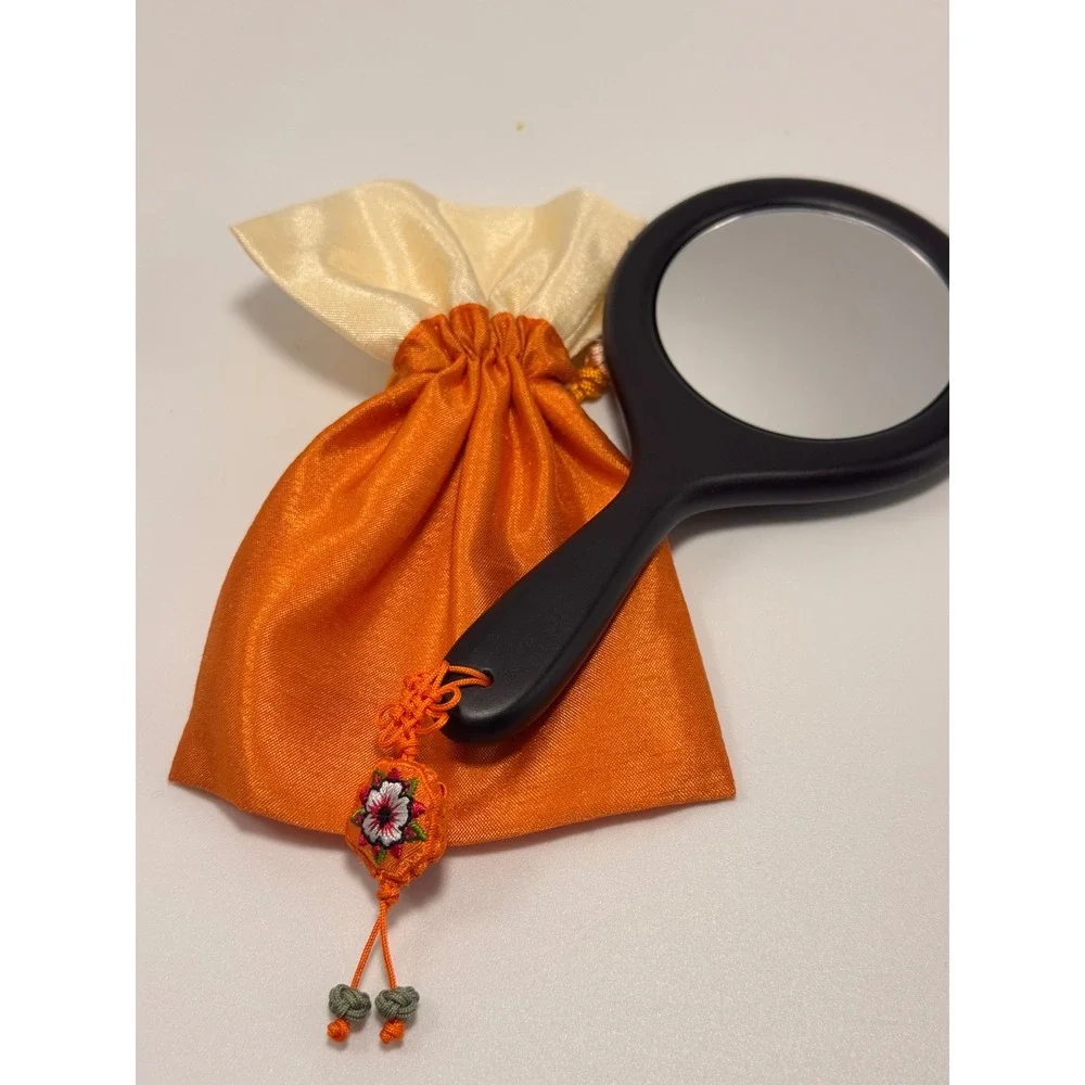 Traditional Korean Handheld Mirror Embroidered Floral Silk Blue Orange Tassel